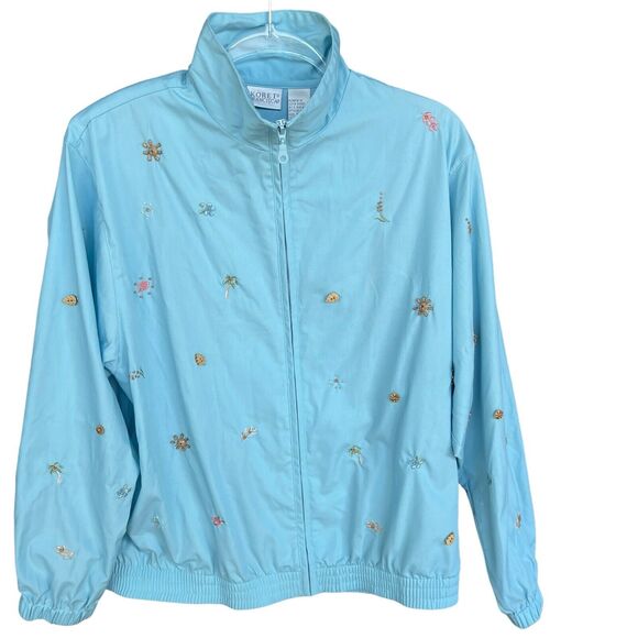 Vintage Koret Francisca Jacket Womens Medium Blue Full Zip Beaded Floral Cottage - Picture 1 of 12